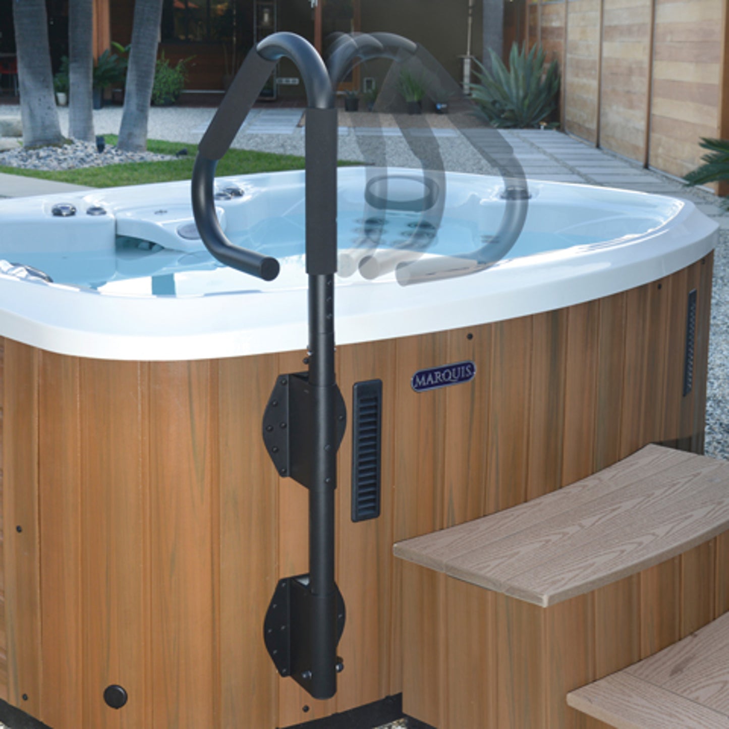Handrail attached to spa side, image shows multiple handle positions.