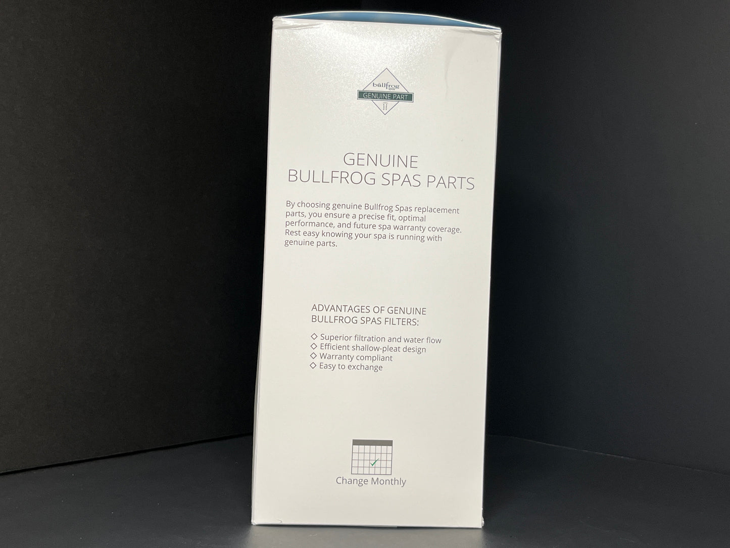 Bullfrog Spas Simplicity Filter 4-pack, side profile. Important detail: Change Monthly.