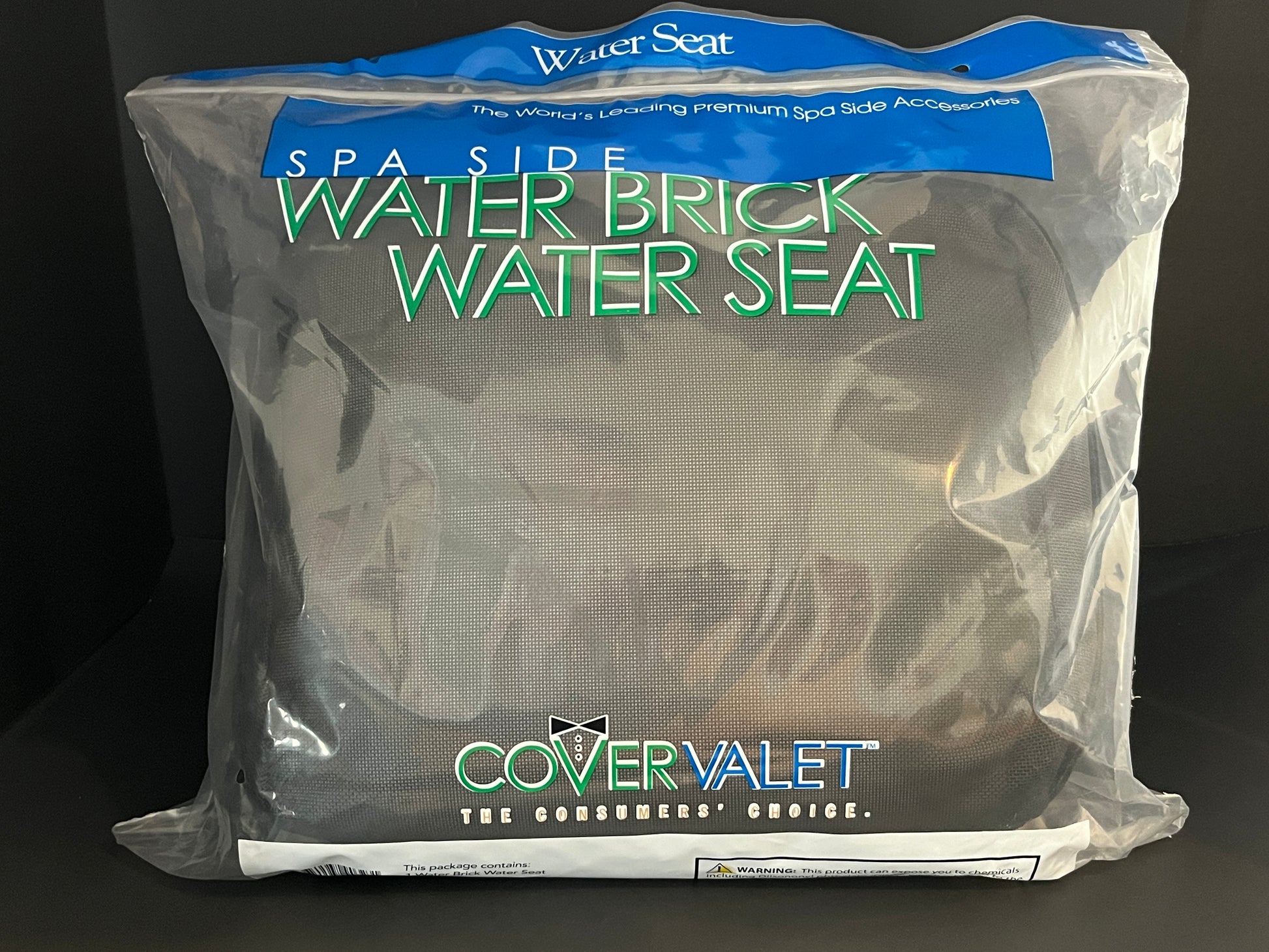 Water Brick (black) spa booster seat displayed in product packaging.