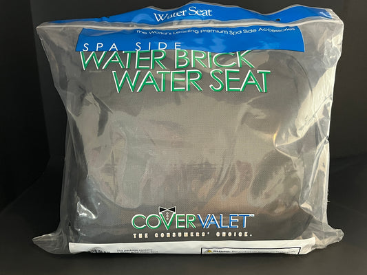 Water Brick (black) spa booster seat displayed in product packaging.