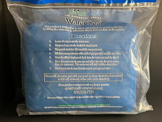 Back side of Water Brick (blue) spa booster seat in product packaging, displaying directions for use.