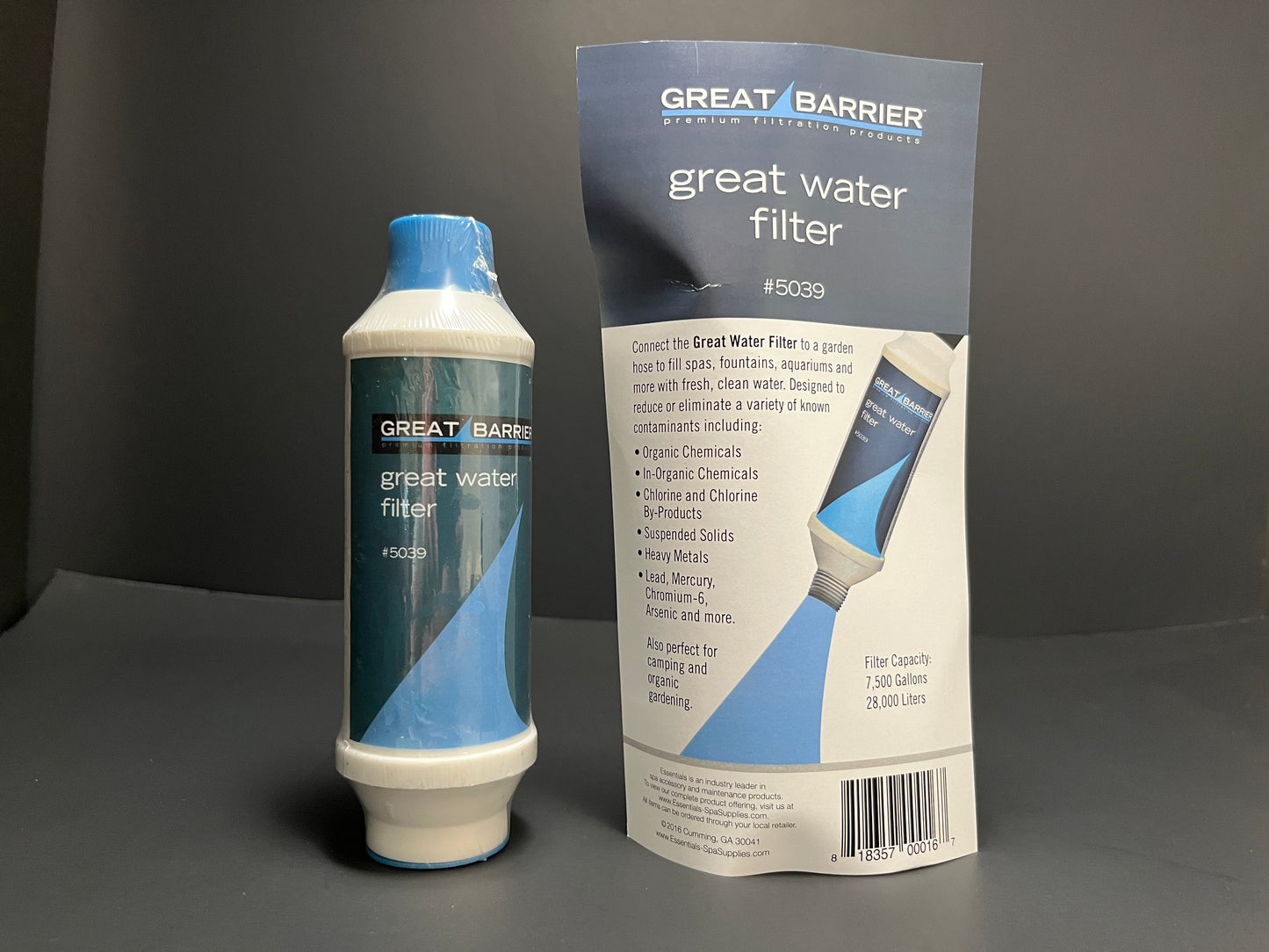 Great Barrier water filter cartridge and packaging on a gray background