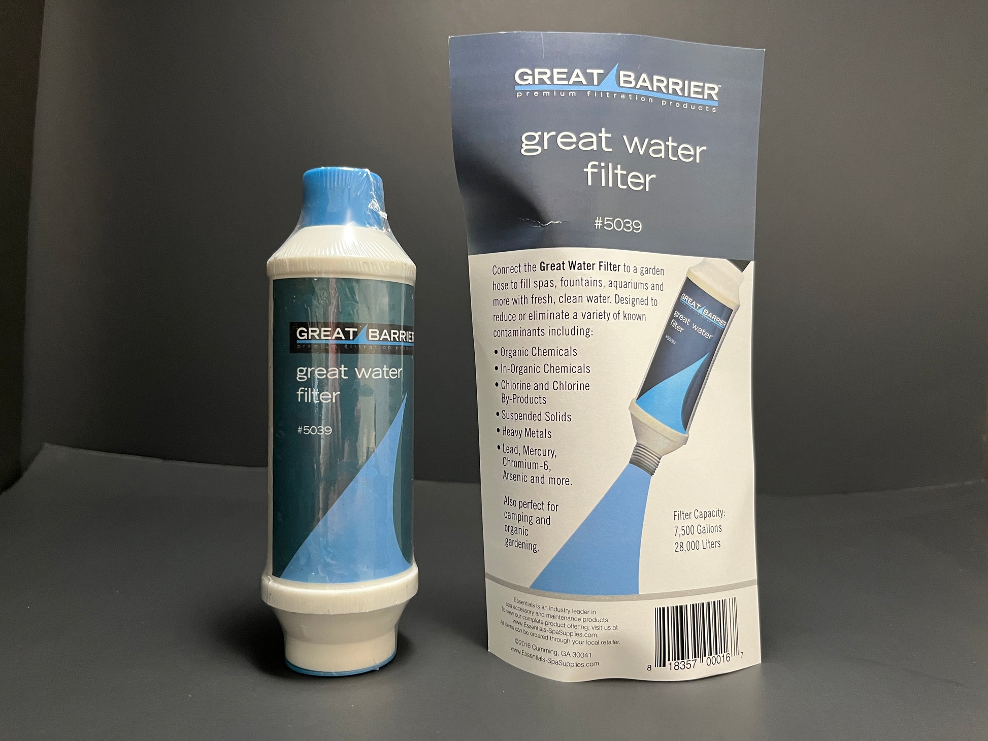 Great Barrier water filter cartridge and packaging on a gray background