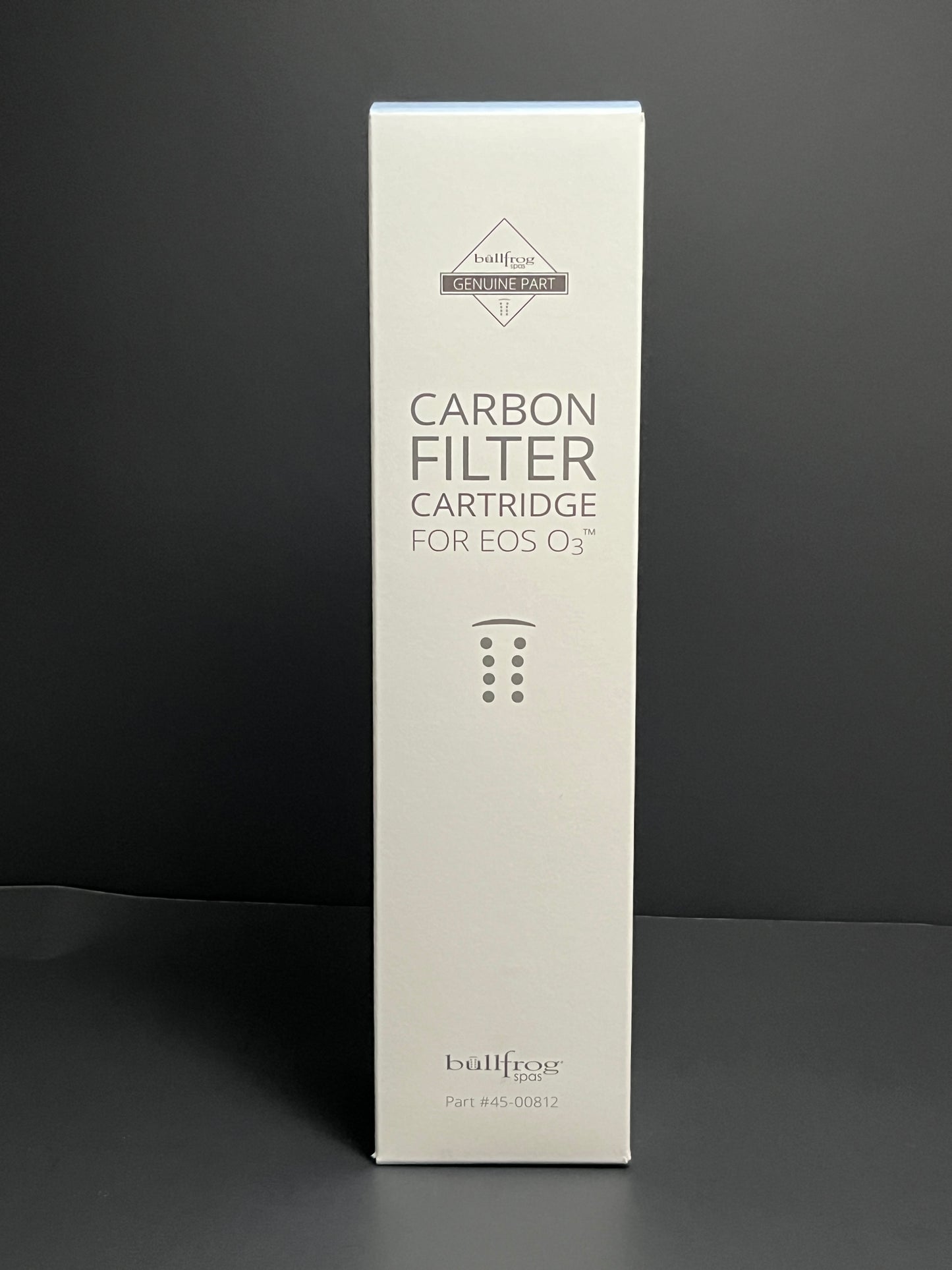 Bullfrog Spas EOS Ozone Cartridge box, front side, text reads "Carbon filter cartridge for EOS O3™"