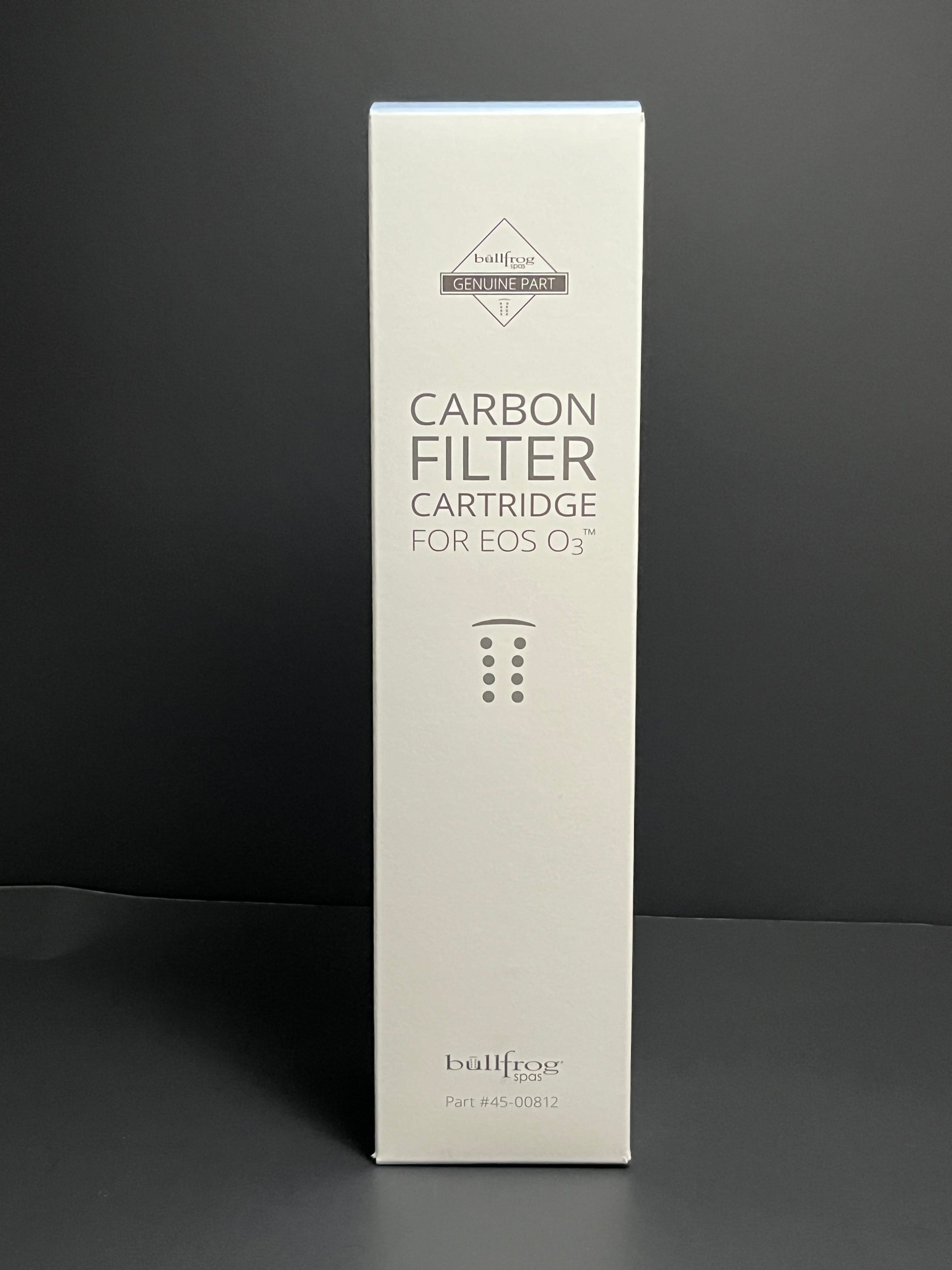 Bullfrog Spas EOS Ozone Cartridge box, front side, text reads "Carbon filter cartridge for EOS O3™"