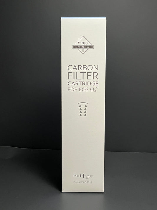 Bullfrog Spas EOS Ozone Cartridge box, front side, text reads "Carbon filter cartridge for EOS O3™"