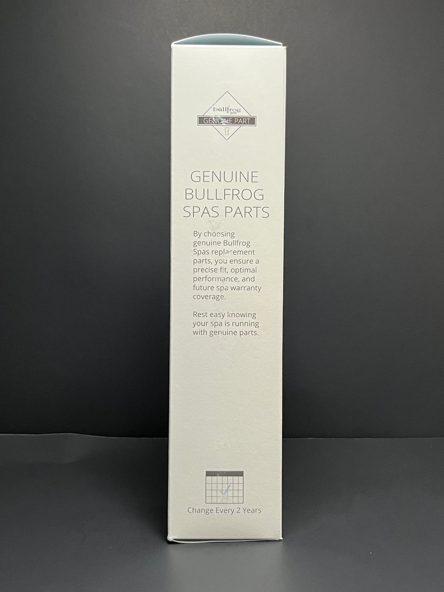 Bullfrog Spas EOS Ozone Cartridge Box, side profile, important detail reads "Change every 2 years."