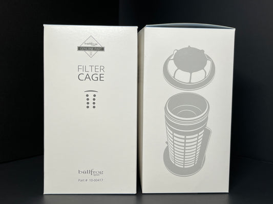 Two Bullfrog Spas filter cage boxes, front and side profiles