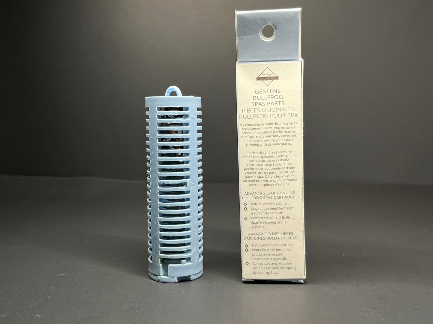 Bullfrog Spas mineral cartridge next to product packaging.