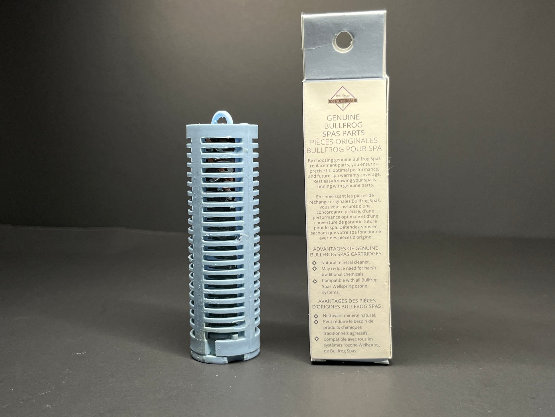 Bullfrog Spas mineral cartridge next to product packaging.