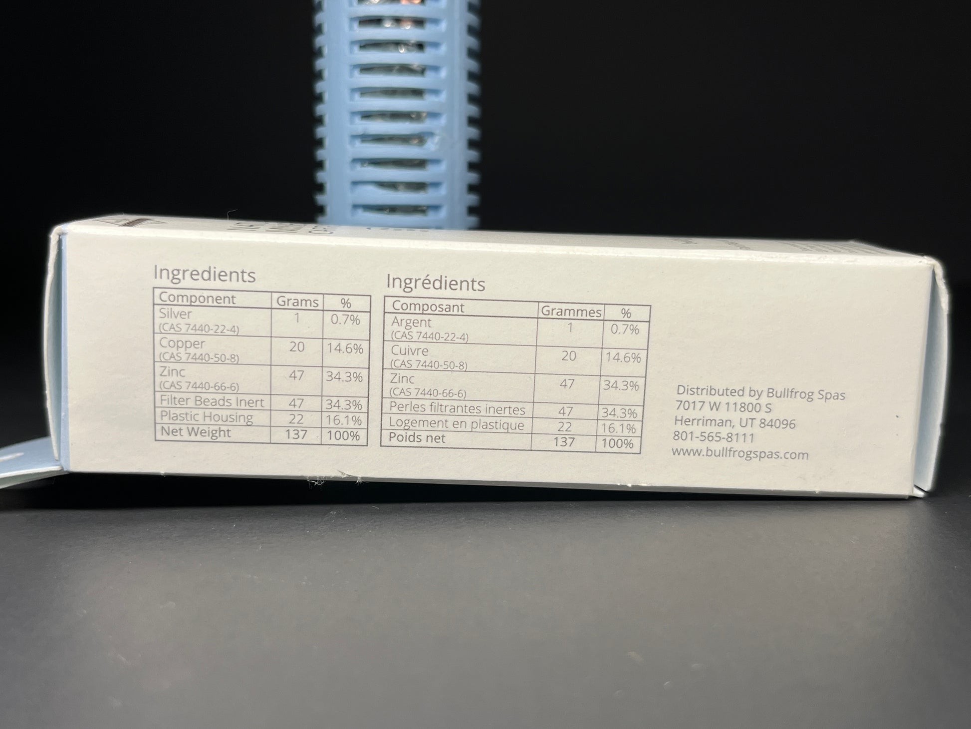 Bullfrog Spas mineral cartridge, "Ingredients" side.