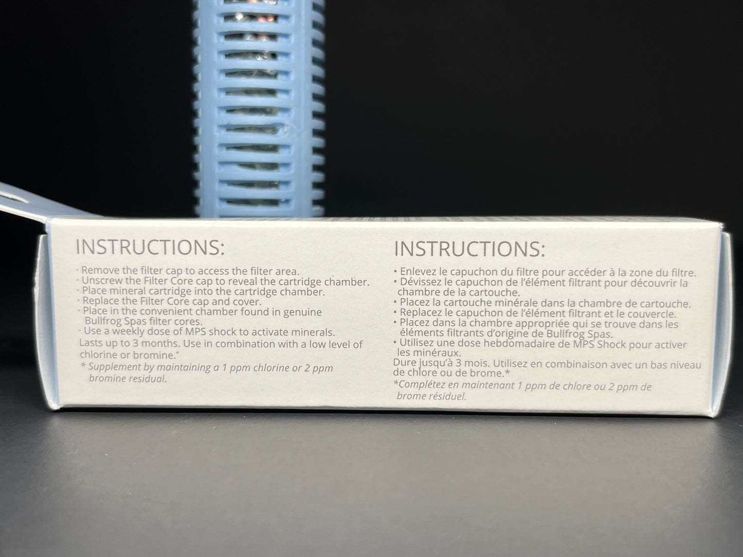 Bullfrog Spas mineral cartridge packaging, "instructions" side.
